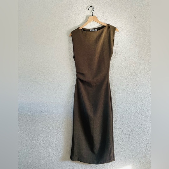 Zara Dresses & Skirts - Zara Brown / Army Green Ruched Side Fitted Midi Cocktail Dress NWT
